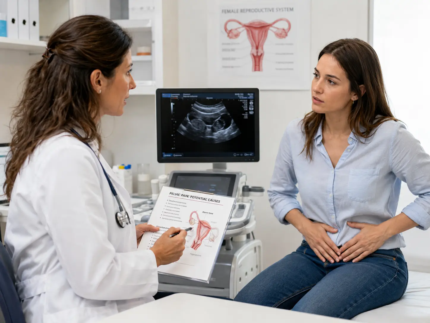 Patient with pelvic pain discussing her condition in our Epsom Urogynaecology Clinic